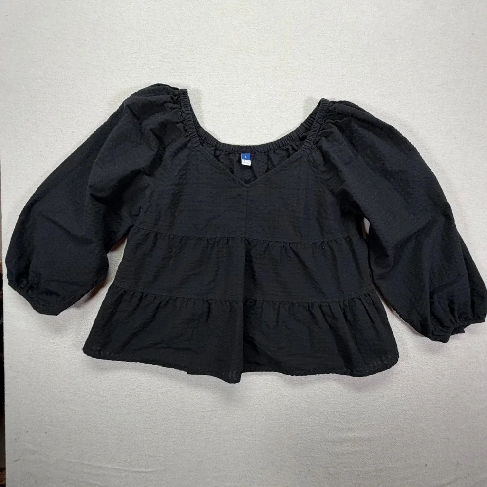 Old Navy Womens Top Relaxed Black Tiered Puff Sleeve V-Neck L